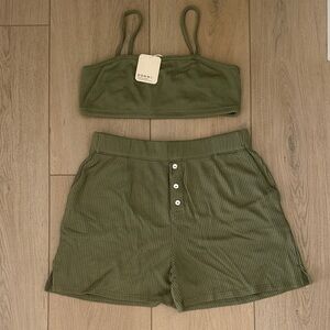 DONNI. Olive Ribbed Bralette & Shorts